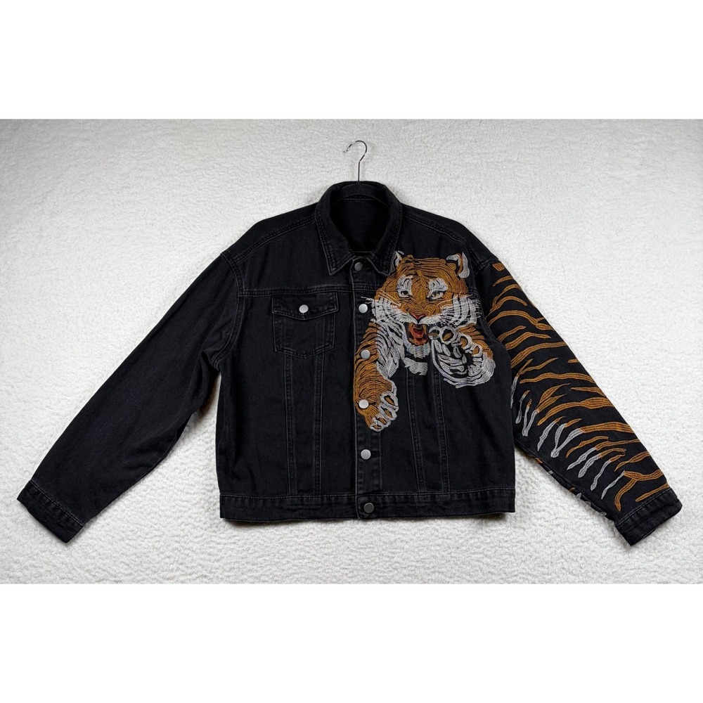 Romwe Denim Trucker Jacket Mens Tiger Embroidered Graphic Streetwear M Black
